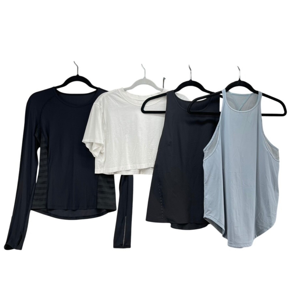 Lululemon Activewear Bundle Womens Size 8 Black White Blue Tops 4 Piece Set